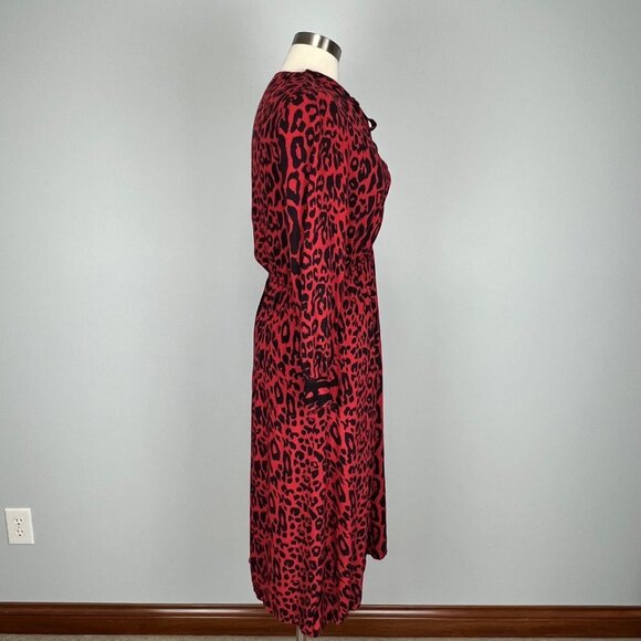 Zara Womens Red Leopard Print Midi Dress Tie Neck Long Sleeves size Medium - Picture 8 of 16